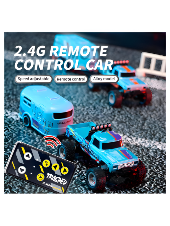 RC Monster Truck with Detachable Camper Caravan Trailer 1:64 Scale Turquoise with Acrylic Display Case MD571.