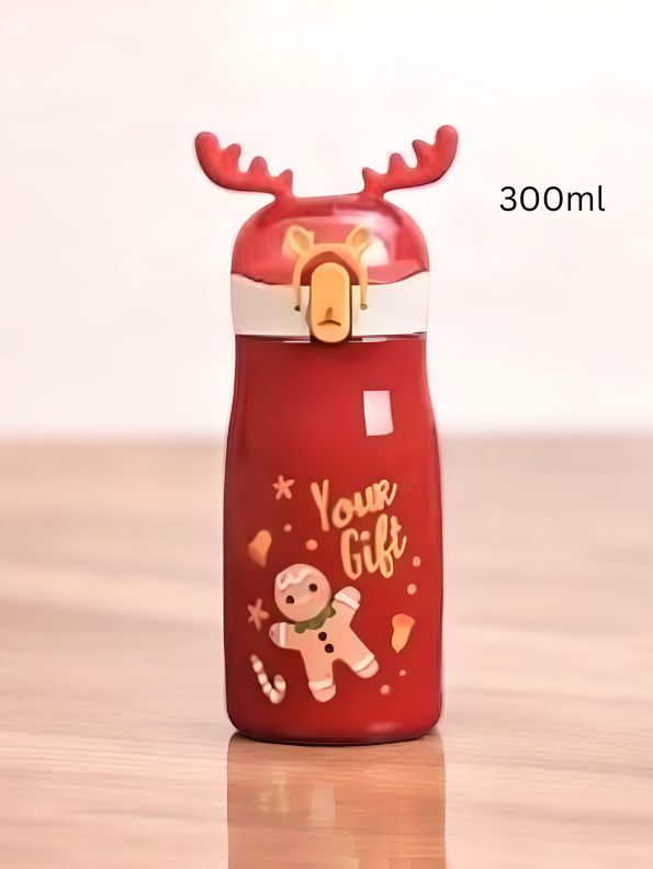 Red - Rudolph - Christmas Theme Kids Water Bottle 300ml | Cute Reindeer Design on Top | Leakproof & BPA-Free NOV3551.