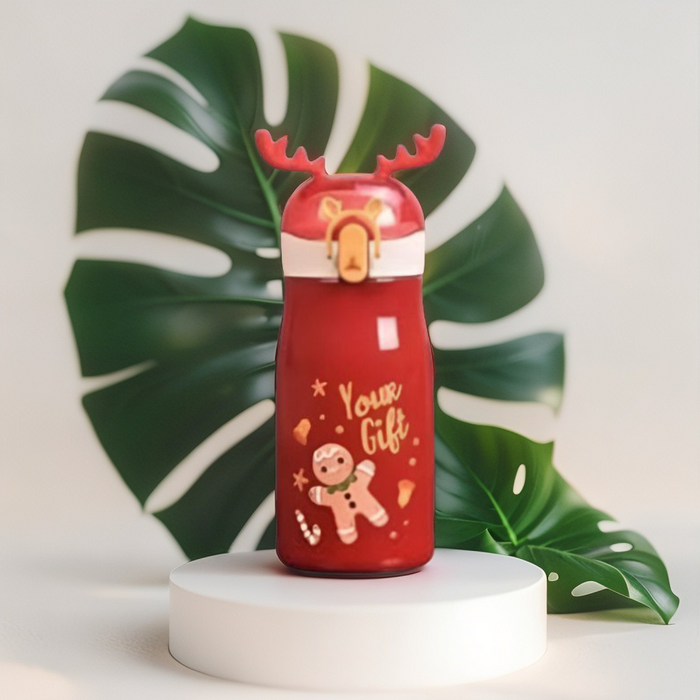 Red - Rudolph - Christmas Theme Kids Water Bottle 300ml | Cute Reindeer Design on Top | Leakproof & BPA-Free NOV3551.