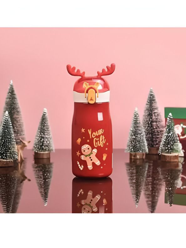 Red - Rudolph - Christmas Theme Kids Water Bottle 300ml | Cute Reindeer Design on Top | Leakproof & BPA-Free NOV3551.