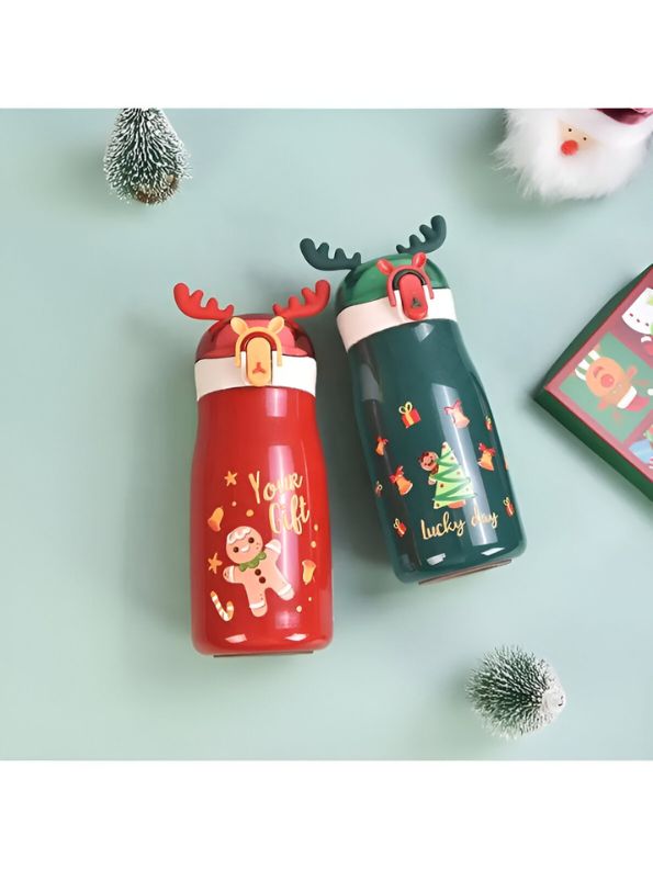 Red - Rudolph - Christmas Theme Kids Water Bottle 300ml | Cute Reindeer Design on Top | Leakproof & BPA-Free NOV3551.