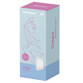 Satisfyer product packaging with a stylized woman's face on a light blue background