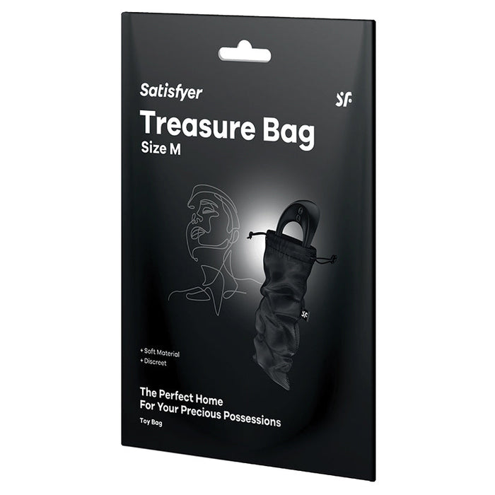 Black packaging of Satisfyer Treasure Bag Size M with product illustration on a white background
