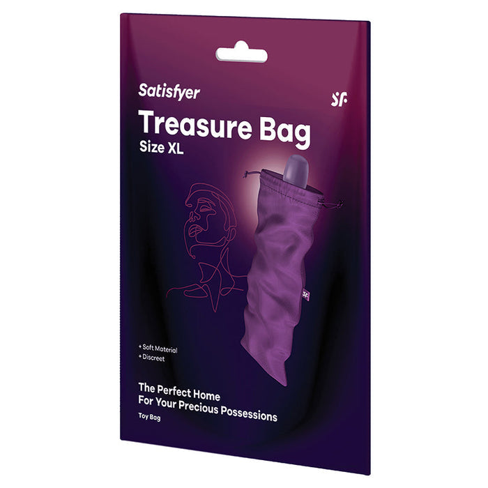 Satisfyer Treasure Bag packaging with purple design and text on a white background