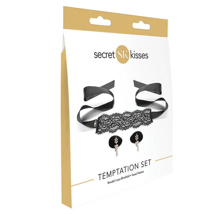 Secret Kisses temptation set packaging with black lace choker, blindfold, and earrings on a white background.
