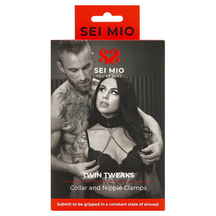 Product packaging for 'Twin Tweaks' collar and nipple clamps by SEI MIO on a white background.