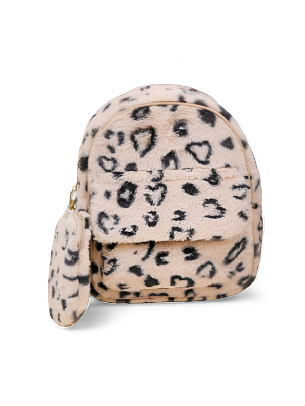 Soft Faux Fur Leopard Print Mini Backpack - Trendy Animal Print Fashion Bag for kids cream NOVGBT-50097.