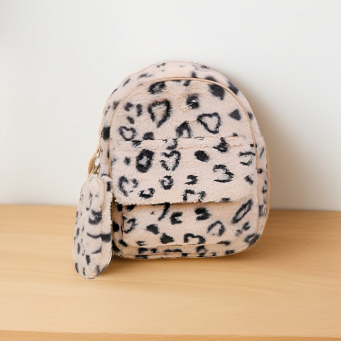 Soft Faux Fur Leopard Print Mini Backpack - Trendy Animal Print Fashion Bag for kids cream NOVGBT-50097.