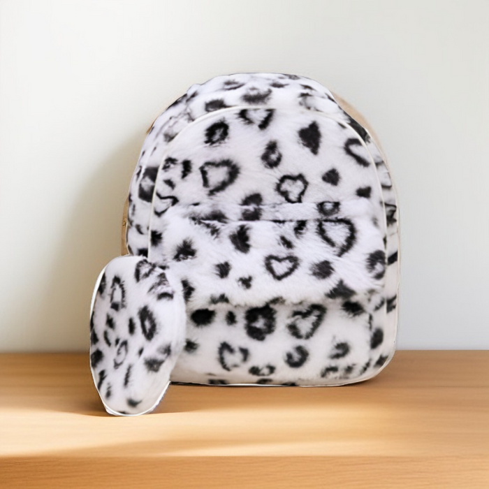 Soft Faux Fur Leopard Print Mini Backpack - Trendy Animal Print Fashion Bag for kids white NOVGBT-50097.