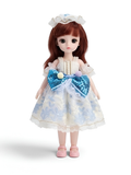 Sweet Auburn Hair Fashion Doll in Blue & White Floral Lace Gown.