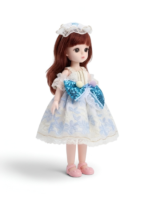 Sweet Auburn Hair Fashion Doll in Blue & White Floral Lace Gown.