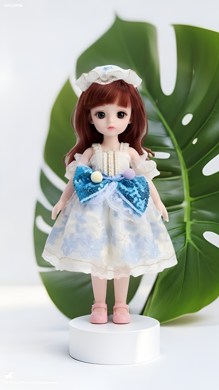 Sweet Auburn Hair Fashion Doll in Blue & White Floral Lace Gown.