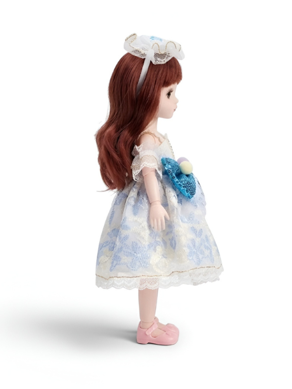 Sweet Auburn Hair Fashion Doll in Blue & White Floral Lace Gown.