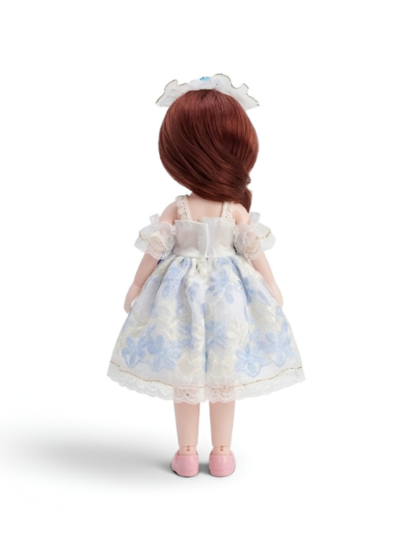 Sweet Auburn Hair Fashion Doll in Blue & White Floral Lace Gown.