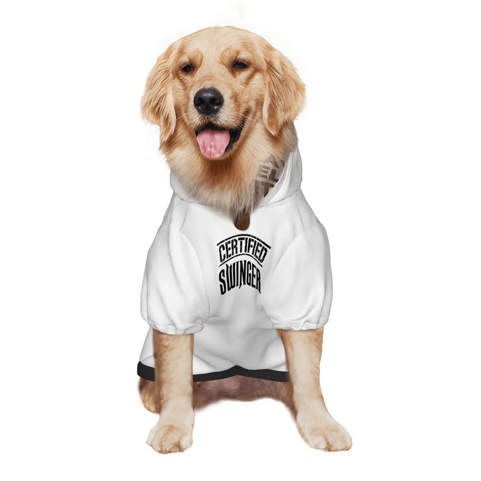 Dog wearing a swinger inspired pet hoodie. Swinger inspired merchandise.  Wicked Lifestyles store.