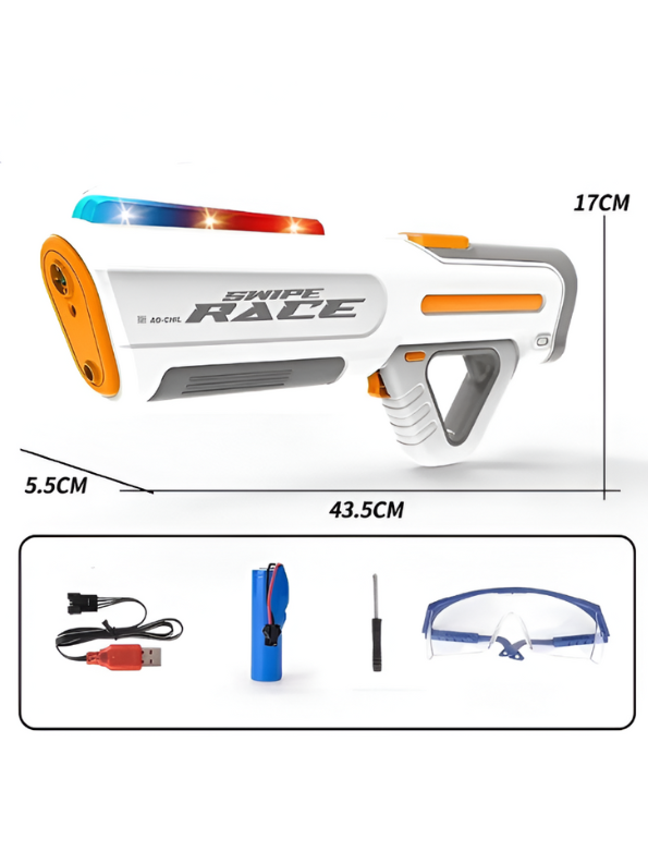 Swipe Race Automatic Squirt Gun – 43.5cm Long Range Water Blaster with External Bottle for Kids & Adults White LMI16084.