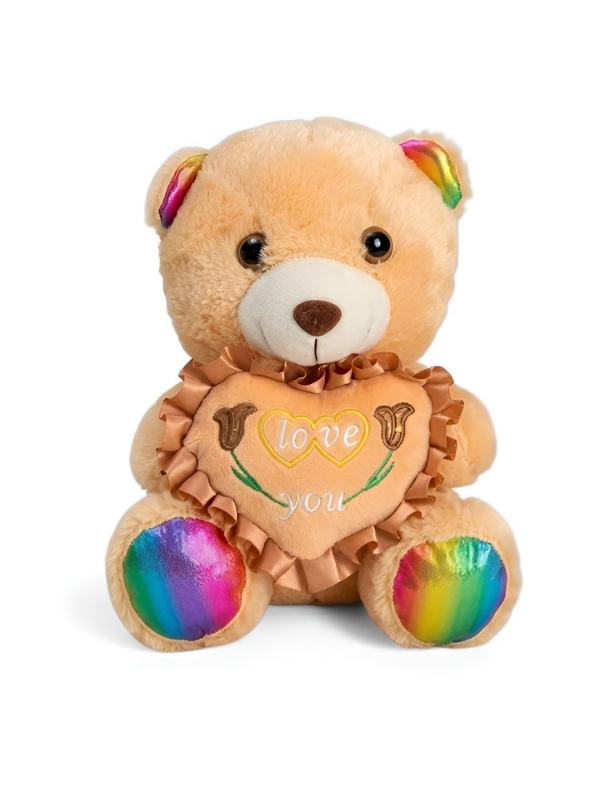 Teddy Bear Plush Toy 21 cm with Rainbow Ears & Feet – “Love You” Heart Soft Toy Brown ST16121.