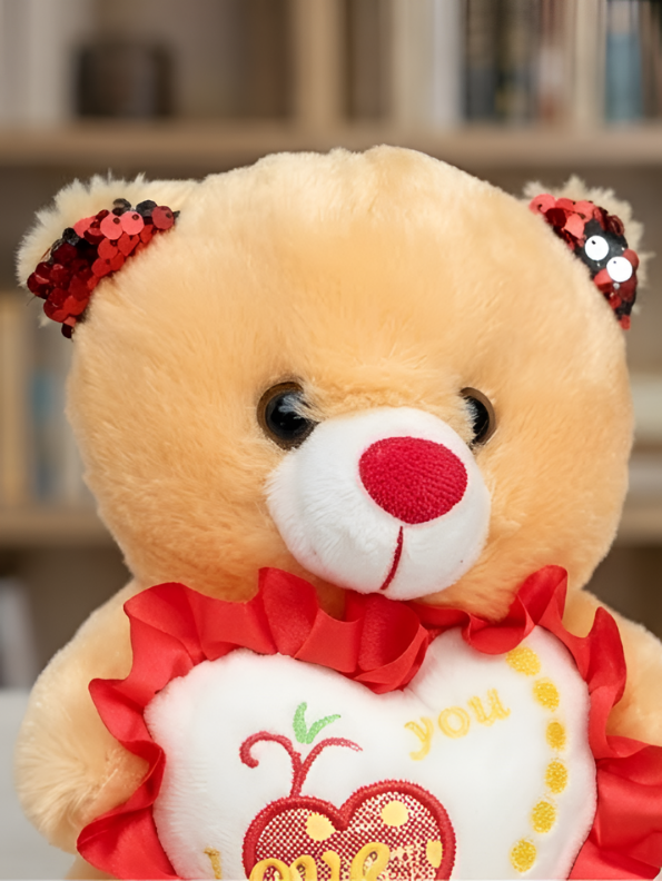 Teddy Bear with Red Sequin Ears and Heart – Soft Plush Toy Brown ST16175.
