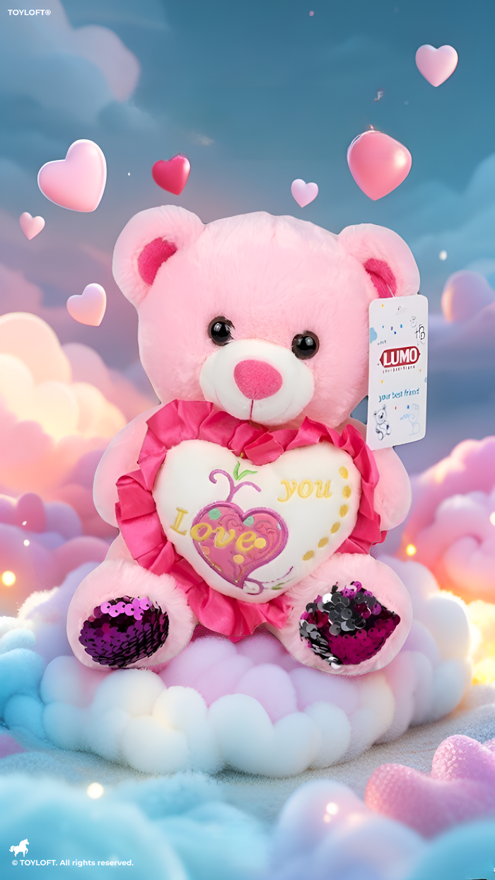 Teddy Bear with Red Sequin Ears and Heart – Soft Plush Toy Pink ST16175.