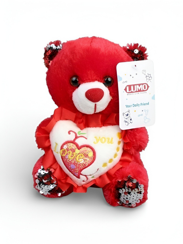 Teddy Bear with Red Sequin Ears and Heart – Soft Plush Toy Red ST16175.