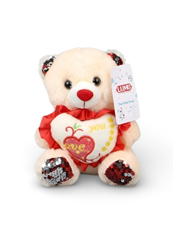 Teddy Bear with Red Sequin Ears and Heart – Soft Plush Toy ST16175.