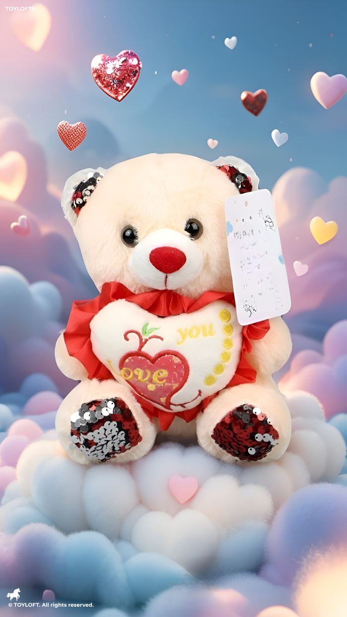 Teddy Bear with Red Sequin Ears and Heart – Soft Plush Toy ST16175.