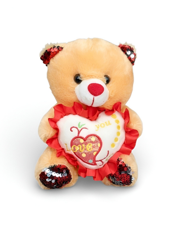 Teddy Bear with Red Sequin Ears and Heart – Soft Plush Toy ST16175.