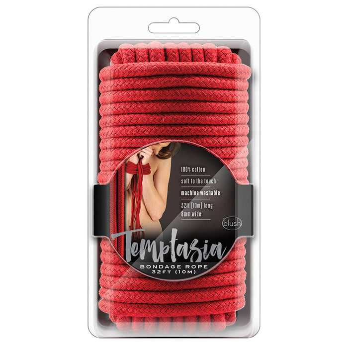 Red bondage rope in packaging with brand name 'Temptasia' on a white background
