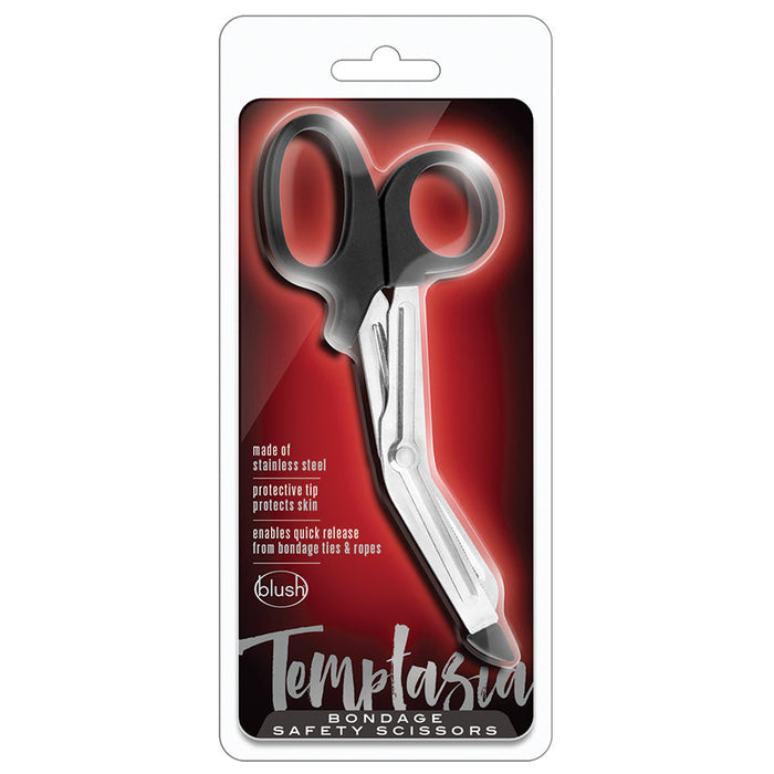 Packaged Temptasia bondage safety scissors with red background and white text.