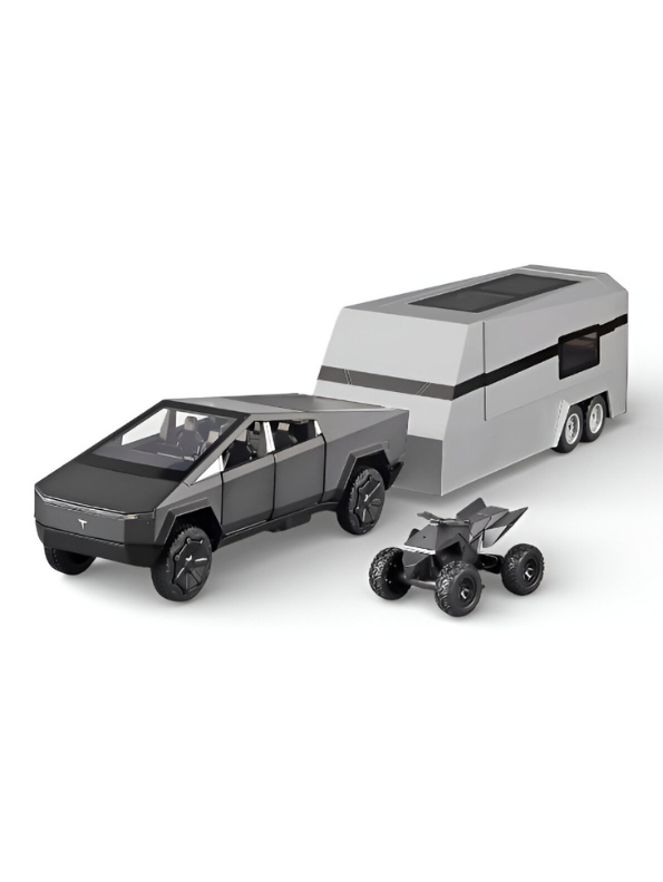 Tesla Cybertruck 1:24 Diecast Model Set with CyberTrailer and CyberQuad – Matte Black & Silver Edition LMI15518