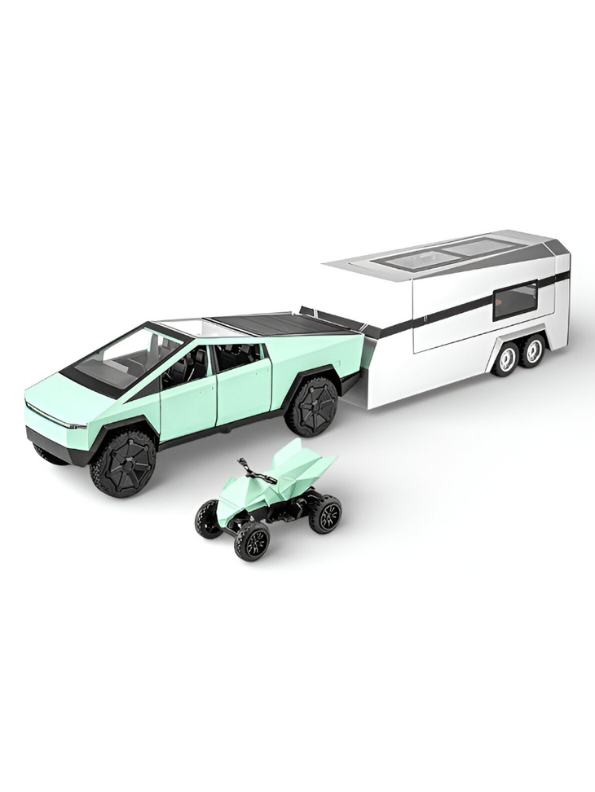 Tesla Cybertruck 1:24 Diecast Model Set with CyberTrailer and CyberQuad – Mint Green & Silver Edition LMI15518