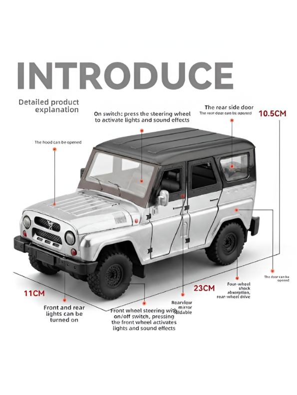 UAZ Hunter Diecast Alloy Metal Model Car SUV – 1:18 Scale Interactive Features with Lights & Sound, Opening Doors & Hood, Black TV6153