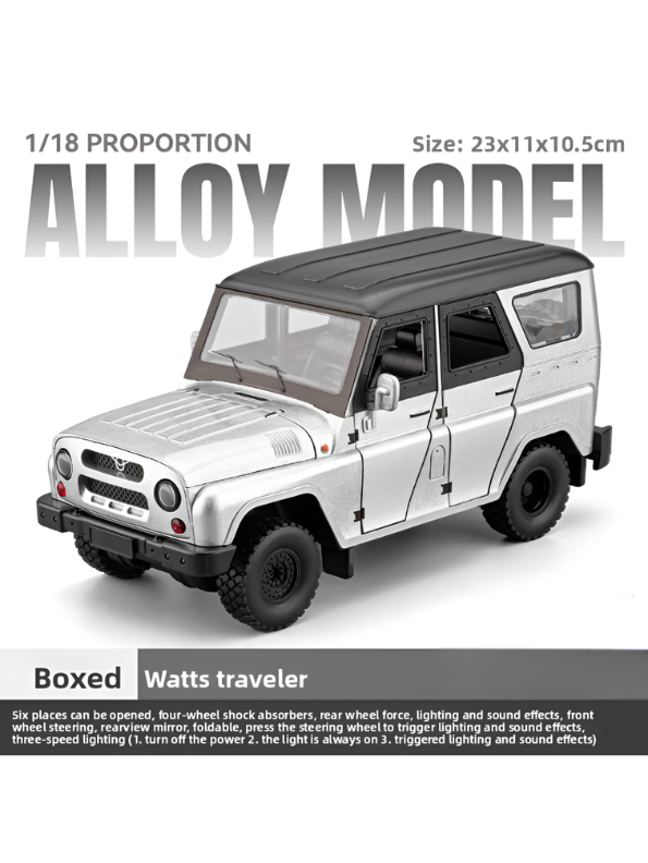 UAZ Hunter Diecast Alloy Metal Model Car SUV – 1:18 Scale Interactive Features with Lights & Sound, Opening Doors & Hood, Black TV6153