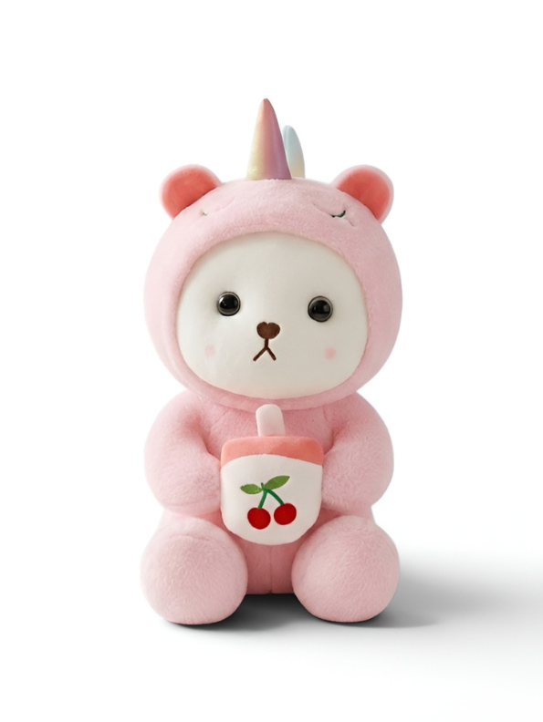 Unicorn Bear Plush Toy - Adorable 10-Inch Pink Soft Kawaii Stuffed Animal with Cherry Accessory ST15751