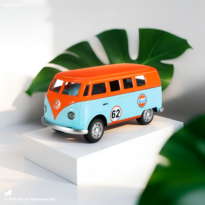 Volkswagen T1 Classic Bus Diecast Metal Toy Car - Gulf Livery - Pull Back Action with Lights & Sound - Scale 1/32.