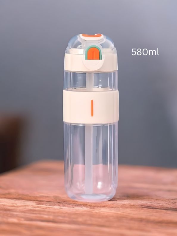 White - HydroMate - 580ml Plastic Water Bottle with Push-Button Sipper and Straw NOV5267.