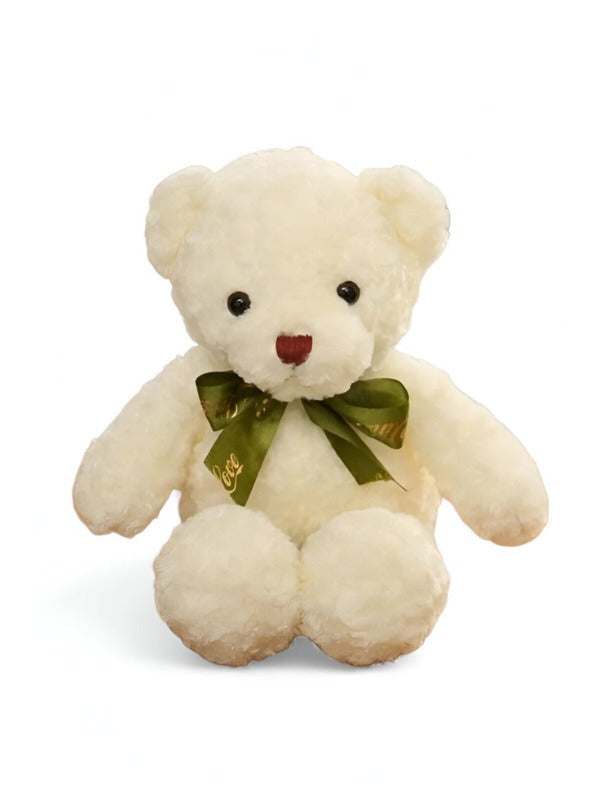 White - Soft Toy Bear with Green Ribbon - 8-inch Cute and Cuddly Teddy for Kids ST11464